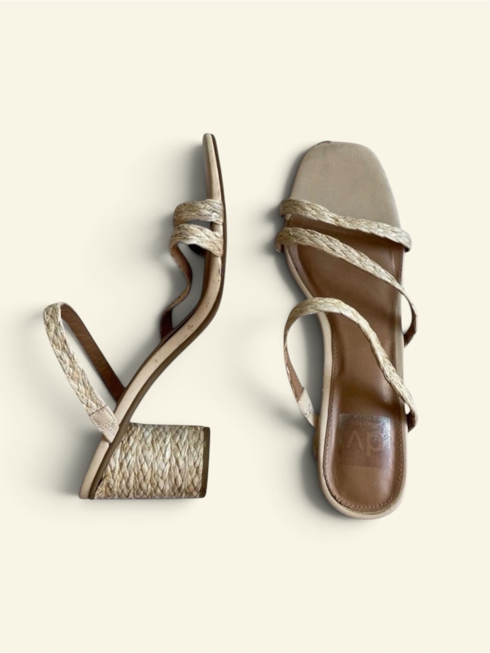 Dolce Vita Noles Natural Raffia Braided Strappy Block Heel Sandals Tan Women 8.5